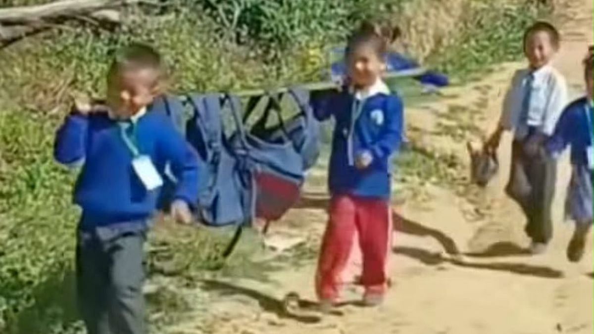 School Kids Use Bamboo Stick To Carry Heavy Bags; Internet Applauds Their Smart Jugaad 