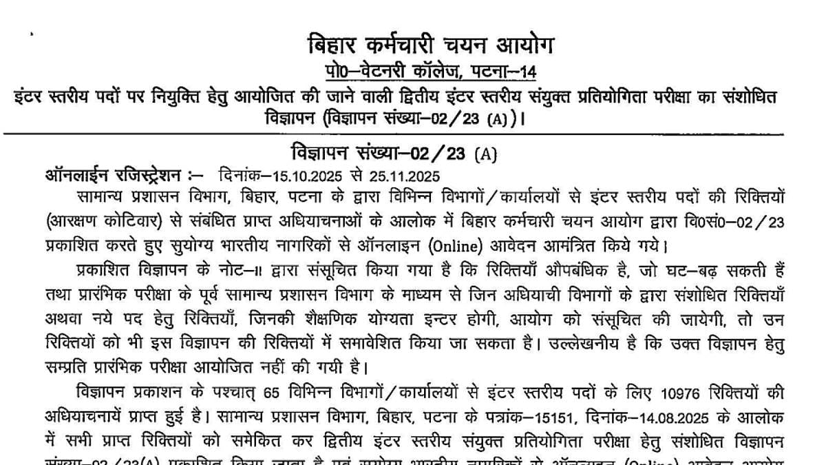 BSSC Inter Level Recruitment 2025: Registration Date Extended Till December 18; Check Details Here 