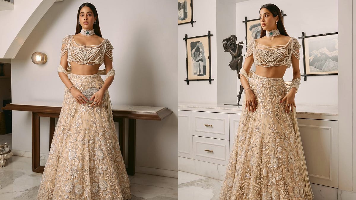 Janhvi Kapoor Makes Pearl The Real Hero Of Her Jaw-Dropping Beige Lehenga By Manish Malhotra