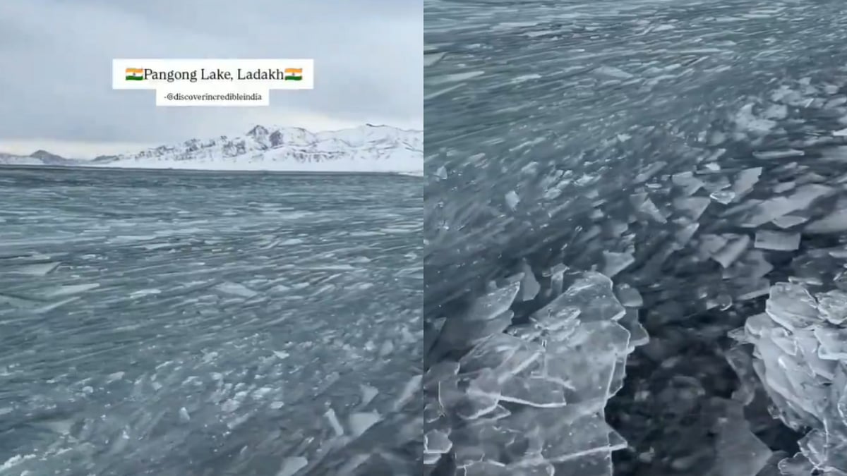 Winter Magic in Ladakh: Dreamy Views Of Pangong Lake Frozen Into Glass-Like Mirror Crystals Go Viral | WATCH