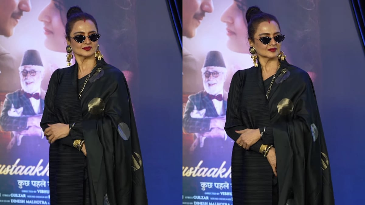 Rekha Drapes Black Saree With Chic Coat & Bold Sindoor At Gustaakh Ishq Screening In Mumbai - WATCH 