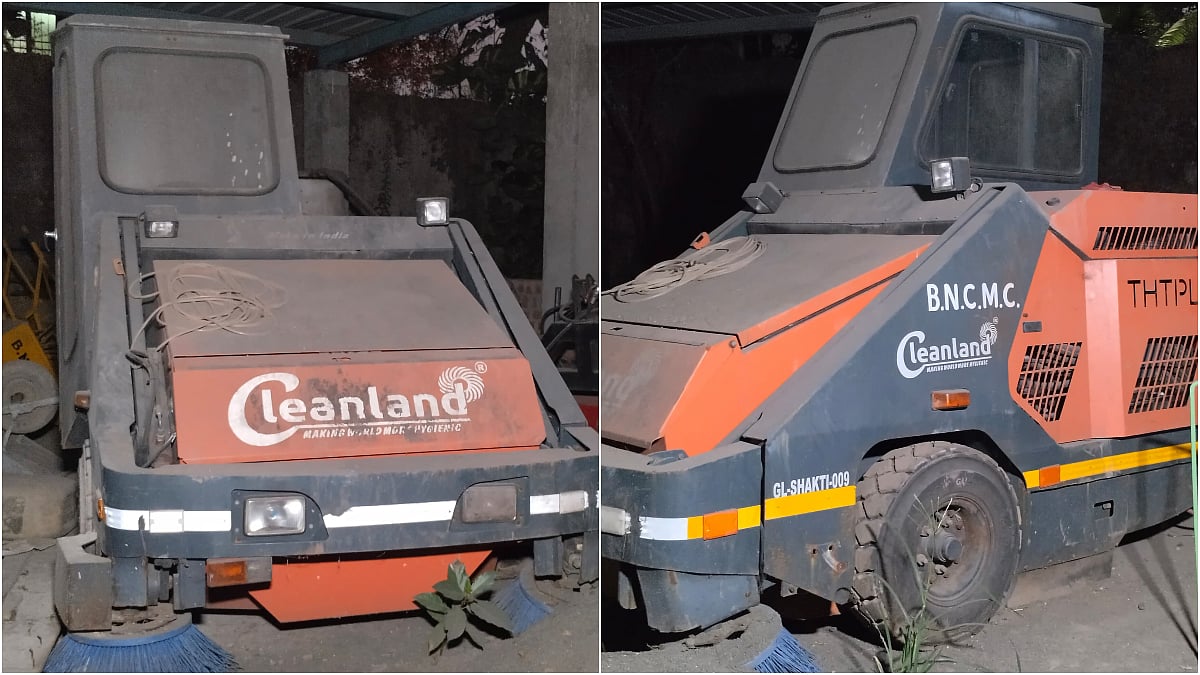 A BNCMC road sweeping machine purchased in 2022 lies unused and rusting amid rising dust and worsening AQI in Bhiwandi