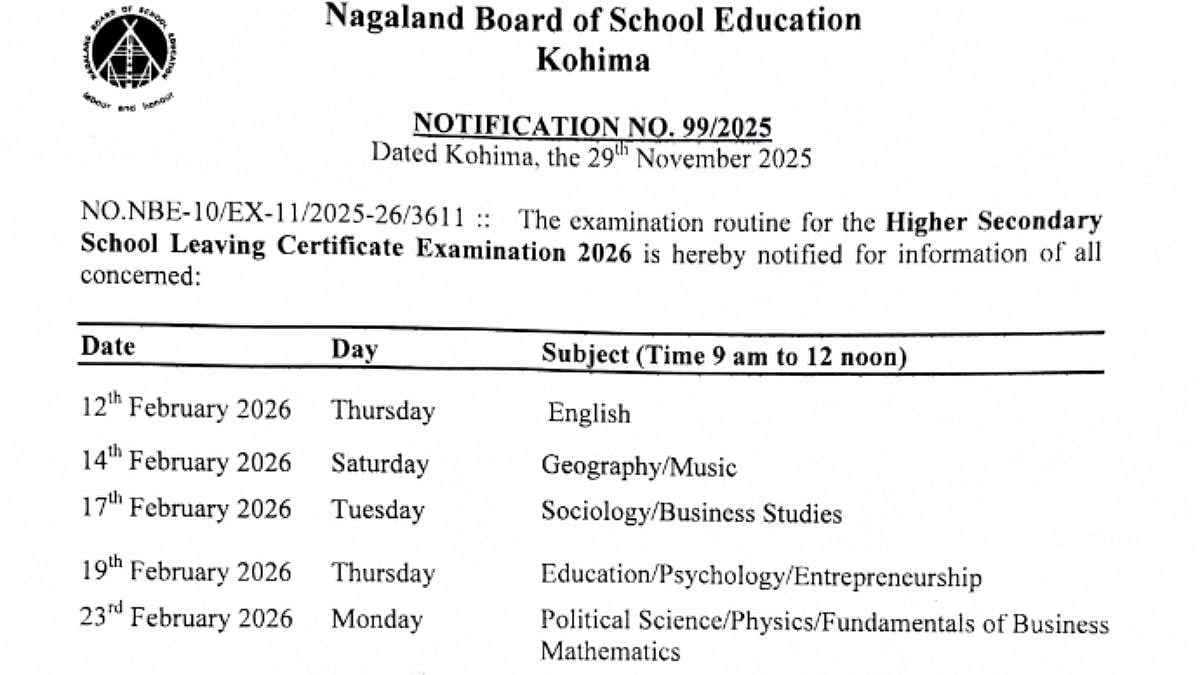 NBSE Releases 2026 HSLC, HSSLC Exam Dates; Nagaland Board Class 10 & 12 Papers Begin In February; Check Full Schedule Here 