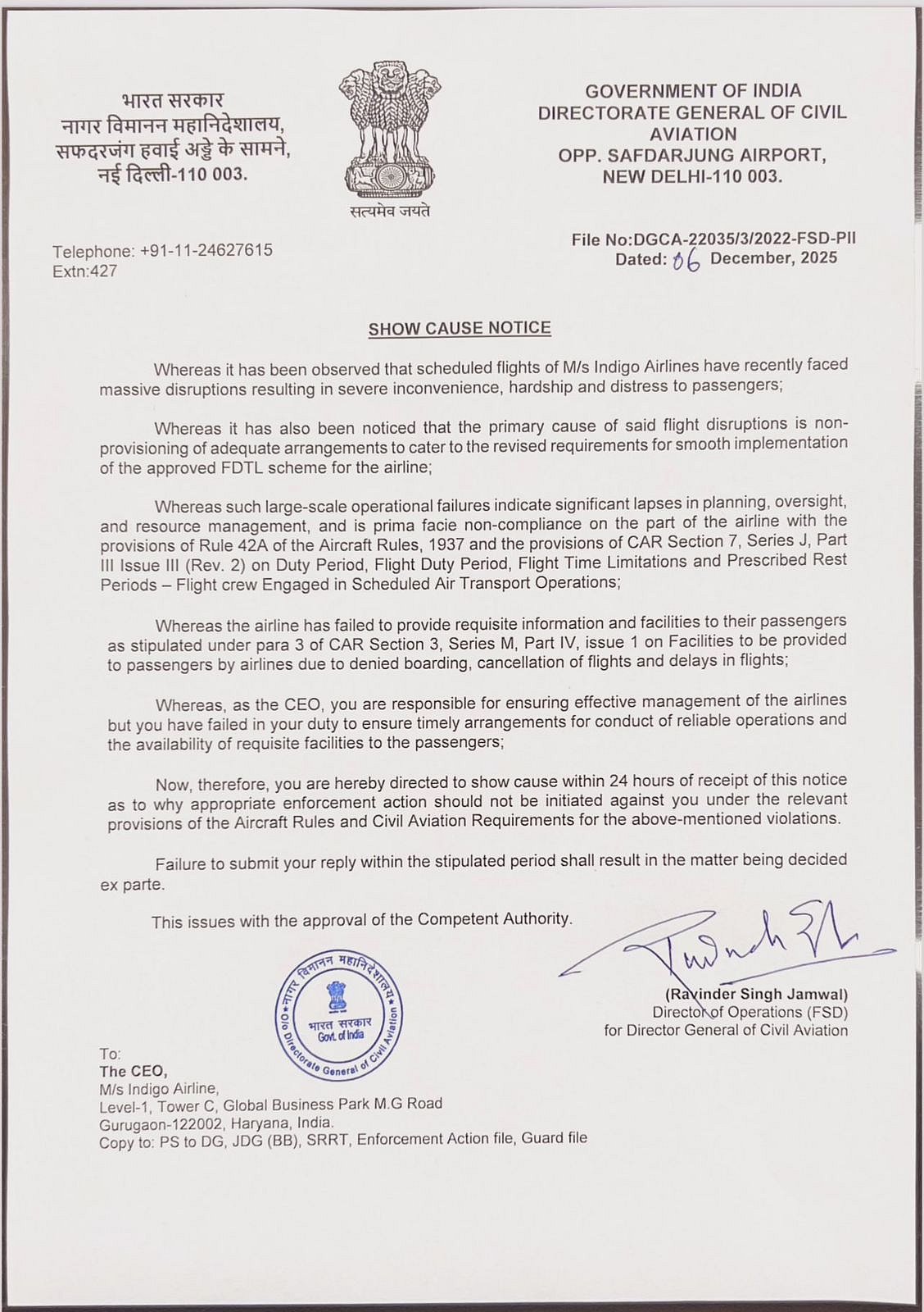 DGCA Issues Show-Cause Notice To IndiGo CEO Over 'Large-Scale Operational Failures'