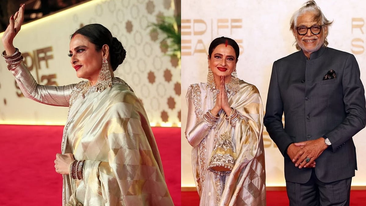 Rekha Is A Vision In Ivory & Gold Saree At Red Sea Film Festival For Umrao Jaan's Screening 