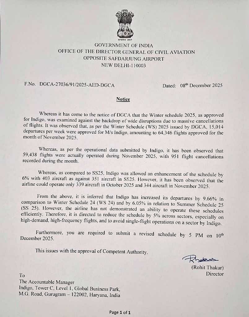 Formal notice issued by the Directorate General of Civil Aviation (DGCA) 