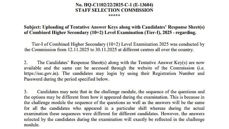 SSC CHSL Tier 1 Answer Key 2025 Out Now On ssc.gov.in; Raise Objections By Dec 11