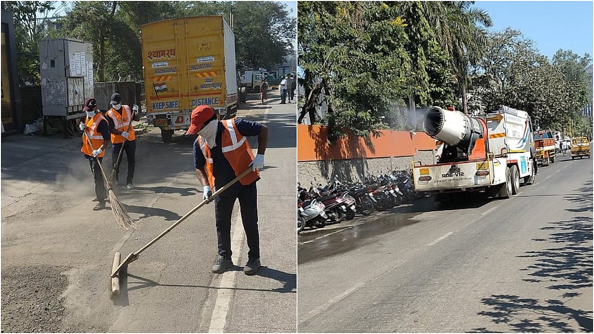 NMMC deploys teams and machinery for deep-cleaning, dust suppression, and debris removal in Ghansoli–Rabale MIDC to combat air pollution | X - @NMMConline
