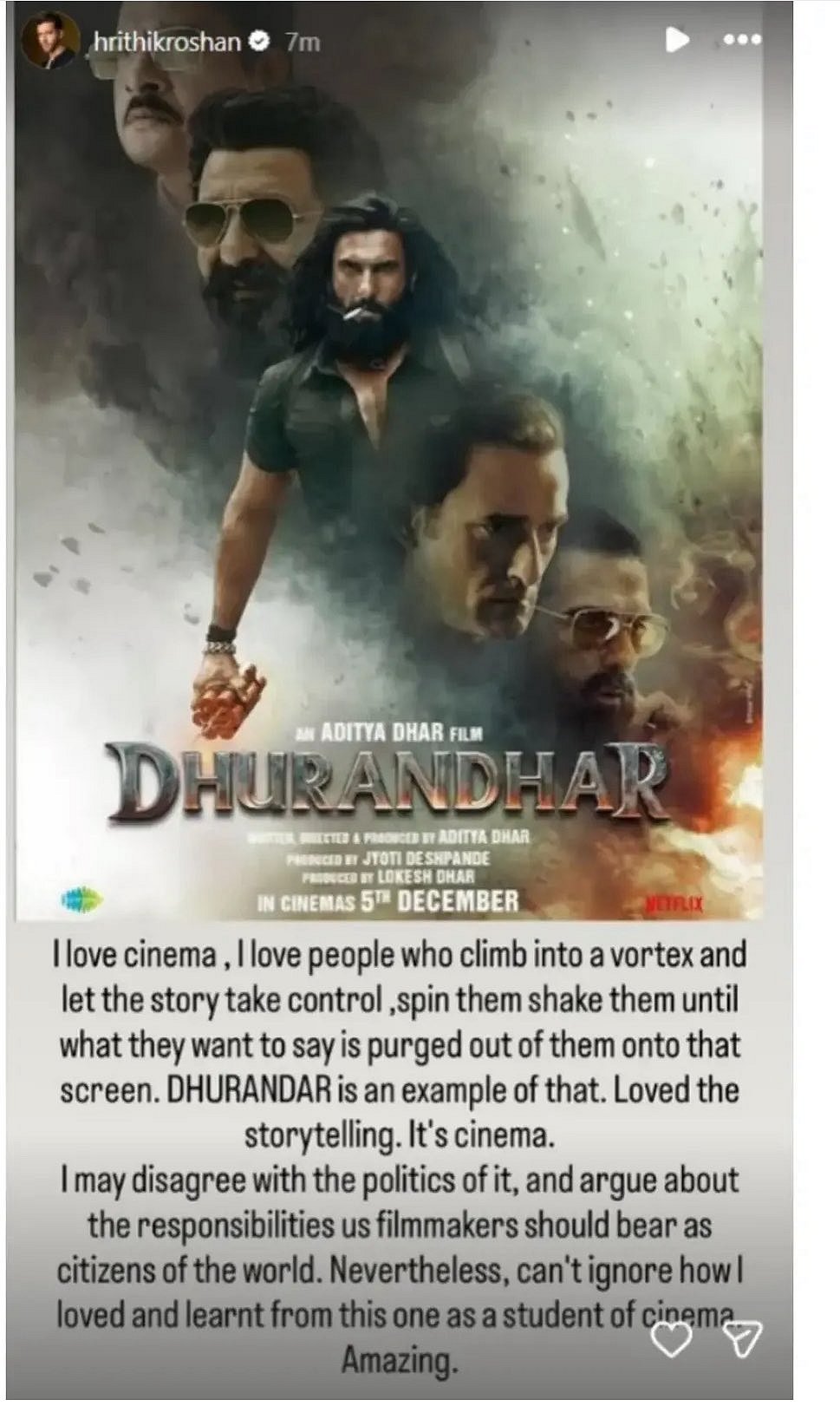 Hrithik Roshan's Instagram story