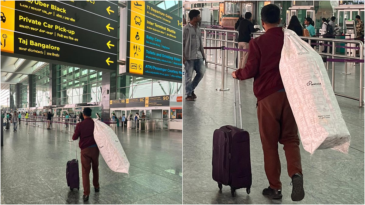 A passenger carrying a mattress at Bengaluru airport sparked widespread social media humour amid ongoing IndiGo flight delays | X - @TheLaughLoom