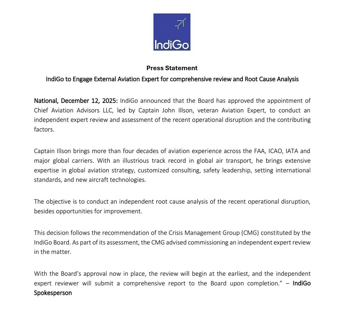 IndiGo's Statement