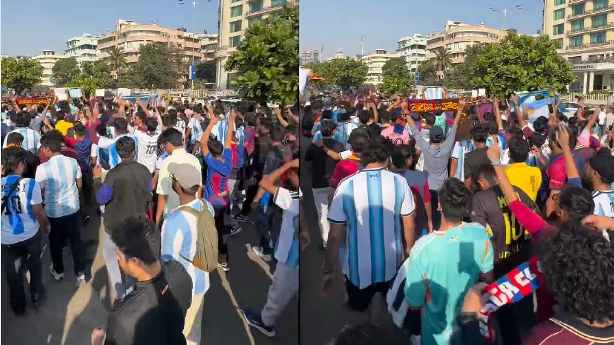 Messi Mania In Mumbai! Fans Welcome Football Icon With Ganpati Aarti, Chant His Name As They March To Wankhede Stadium For GOAT India Tour Event | Videos 