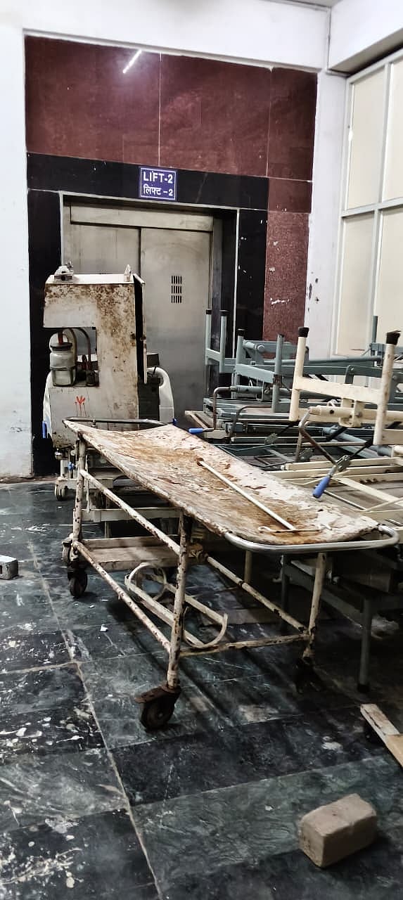 Stretchers kept outside the lift in basement