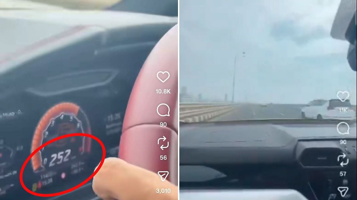 The Mumbai Traffic Police have registered a case against an unidentified driver after a video surfaced on social media showing a Lamborghini being driven at an extremely dangerous speed of 252 kmph on the Bandra–Worli Sea Link, posing a serious threat to public safety. | X @SabSeTezz1
