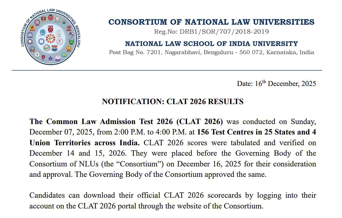 CLAT 2026 Results Declared At consortiumofnlus.ac.in; Direct Link Here 
