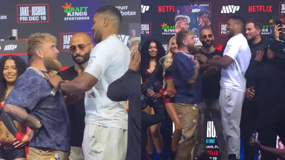 WATCH: Anthony Joshua Tries To Playfully Snatch Jake Paul's Chain During Face-Off In Miami