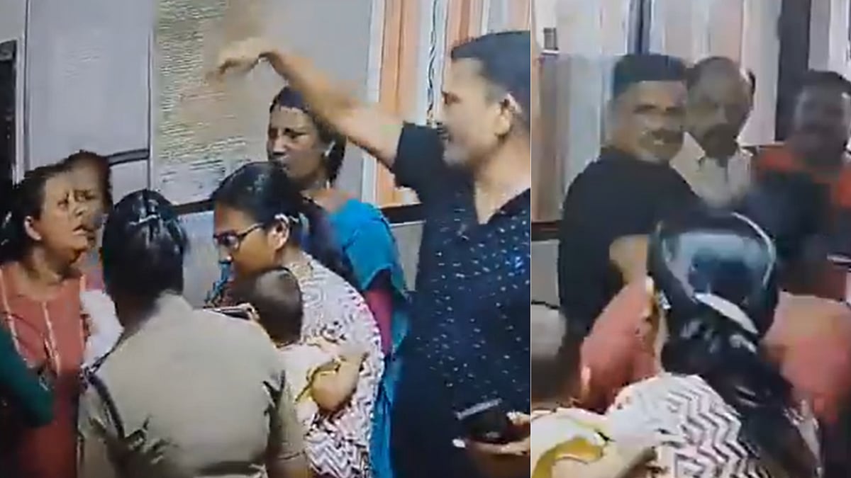 A CCTV clip from Ernakulam North police station shows a Circle Inspector slapping a pregnant woman holding her infant during a heated exchange. | X/@vdsatheesan