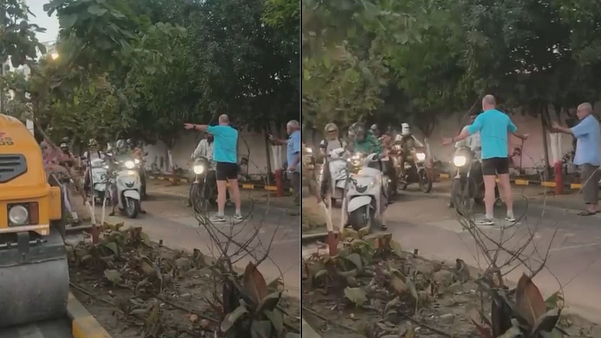 Pune Viral Video: Foreign National Teaches Traffic Rules, Stops People Riding On Footpath In Pimple Nilakh | Video Screengrab