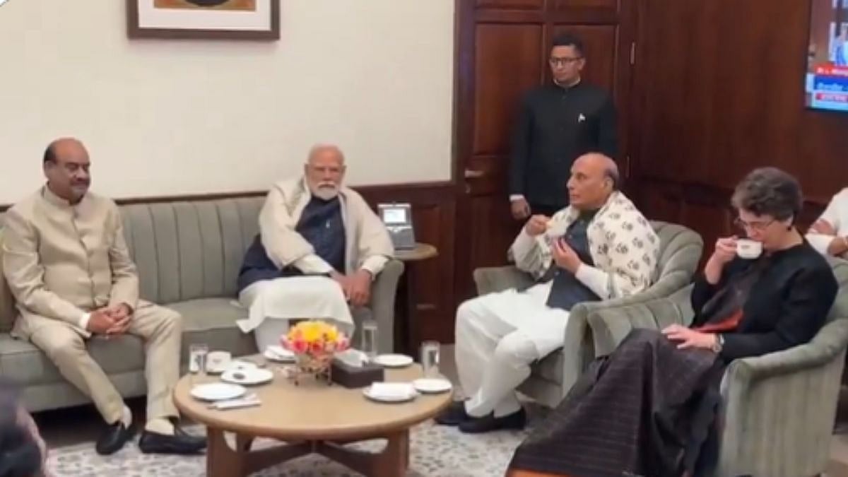 VIDEO: Priyanka Gandhi, Other Opposition MPs Seen Having Tea With PM Modi, Defence Minister Rajnath...