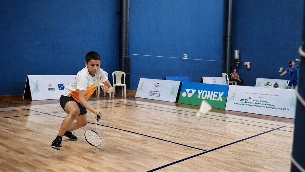 Player in action at the Yonex-Sunrise Gautam Thakkar Memorial Junior State Badminton Championships
 | 