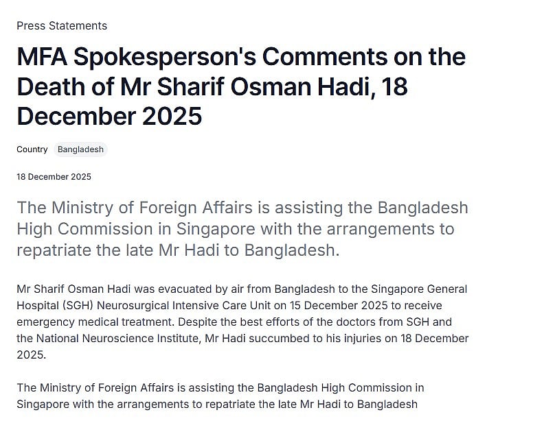 Singapore MFA statement on Osman Hadi's death