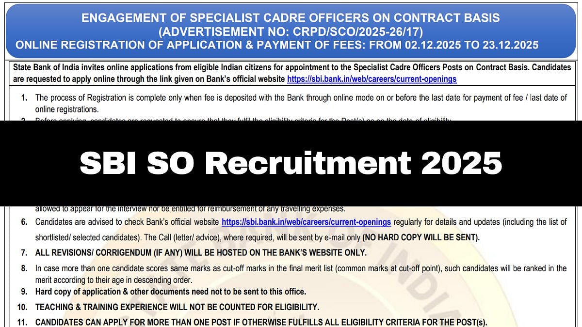 SBI SO Recruitment 2025: Registration Window For 996 Posts Ends Tomorrow; Details Here