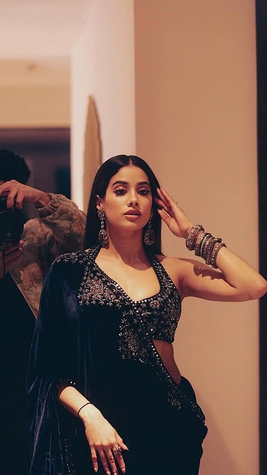 Janhvi Kapoor Looks Breathtaking In Royal Blue Velvet Saree & Backless Blouse
