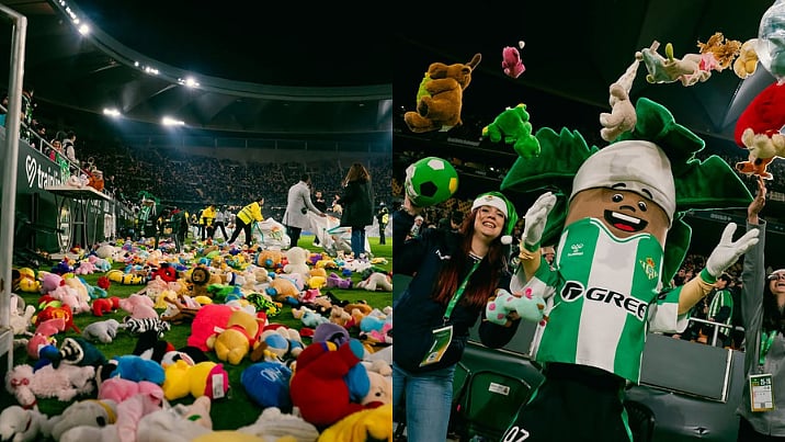 Real Betis' HEARTWARMING Christmas Tradition, Fans Throw Soft Toys On Pitch For Disadvantaged Kids | Video 