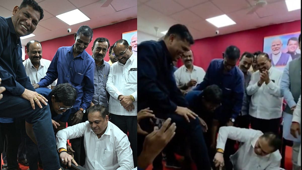 Viral Video: BJP Mumbai President Ameet Satam Polishes Shoes of Railway Boot Polish Workers In Dadar, Calls Them 'Hardworking Class' 