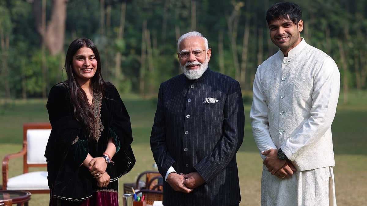 PM Modi Hosts Olympic Star Neeraj Chopra, Wife Himani Mor At His Residence 