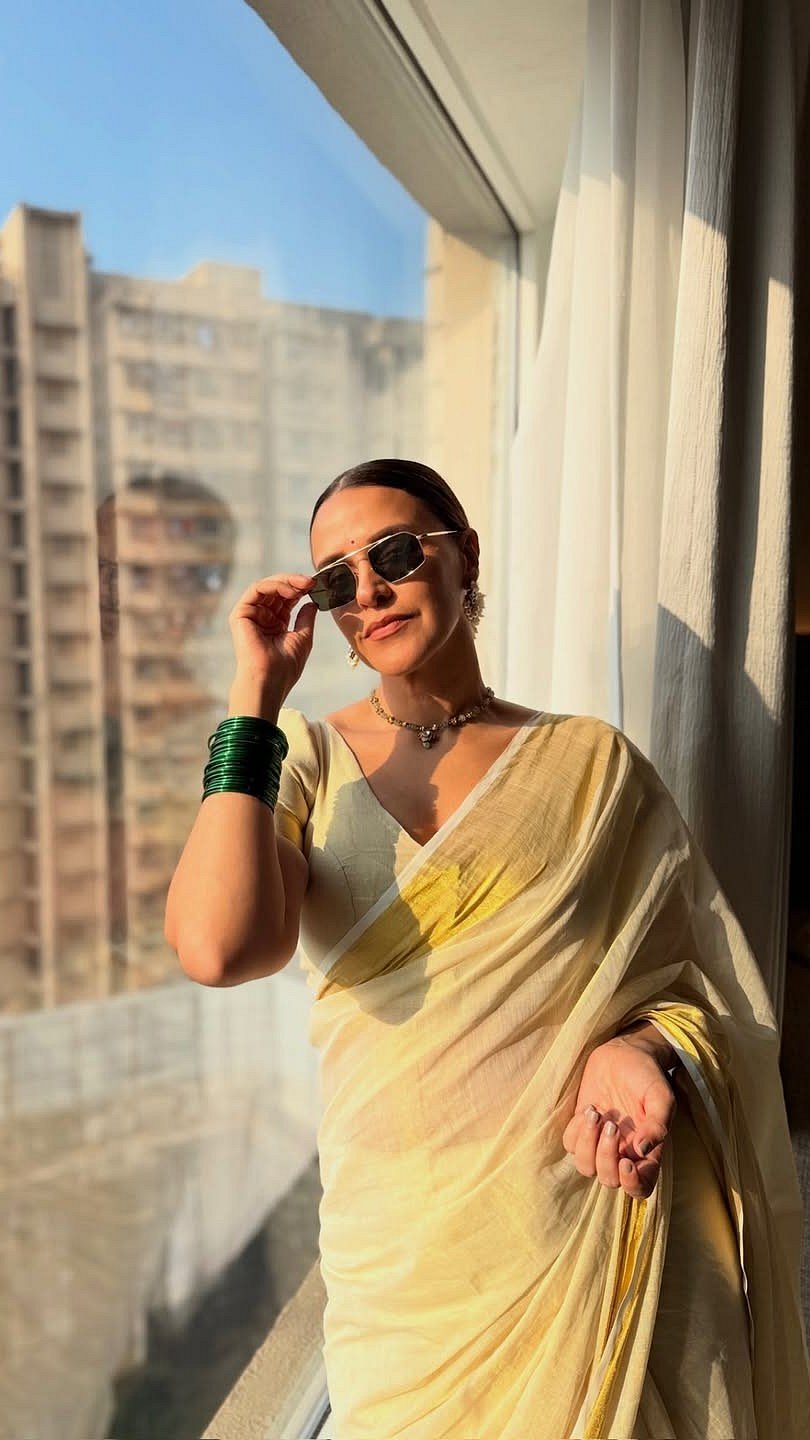 Neha Dhupia Keeps It Minimal With South-Indian 'Kasavu' Saree At A Wedding