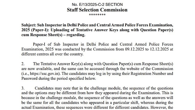 SSC CPO Paper 1 Answer Key OUT At ssc.gov.in; Objections Open Till December 27 