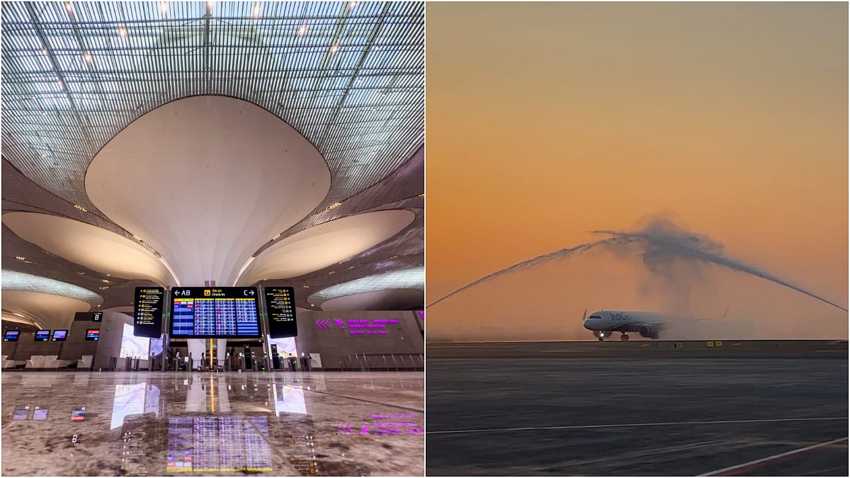 The first commercial IndiGo flight receives a water cannon salute on arrival at Navi Mumbai International Airport as operations officially begin | File Photo