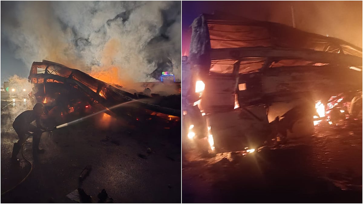 Five charred to death after a sleeper coach bus caught fire following a collision with a container truck on NH-48 near Hiriyur in Chitradurga district | X - @SomisettiNaveen