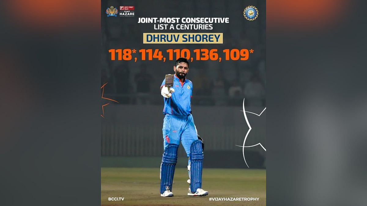 Vijay Hazare Trophy: Vidarbha's Dhruv Shorey Equals Record For Most Consecutive List A Centuries 