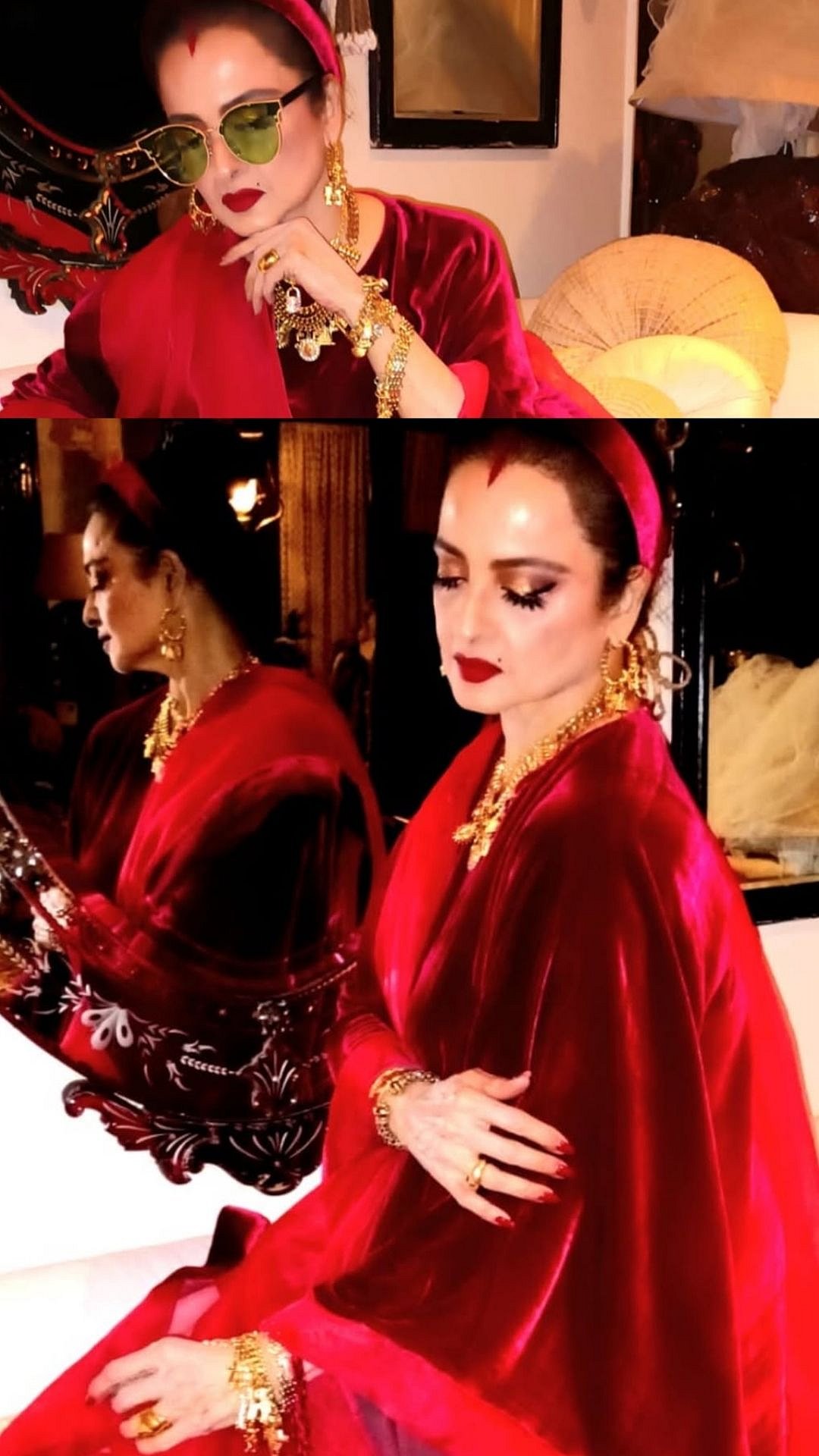 Rekha Brings Velvet Glam To Her Christmas 2025 Look; Dons Gold Jewellery & Pairs Outfit With 'Batwa'