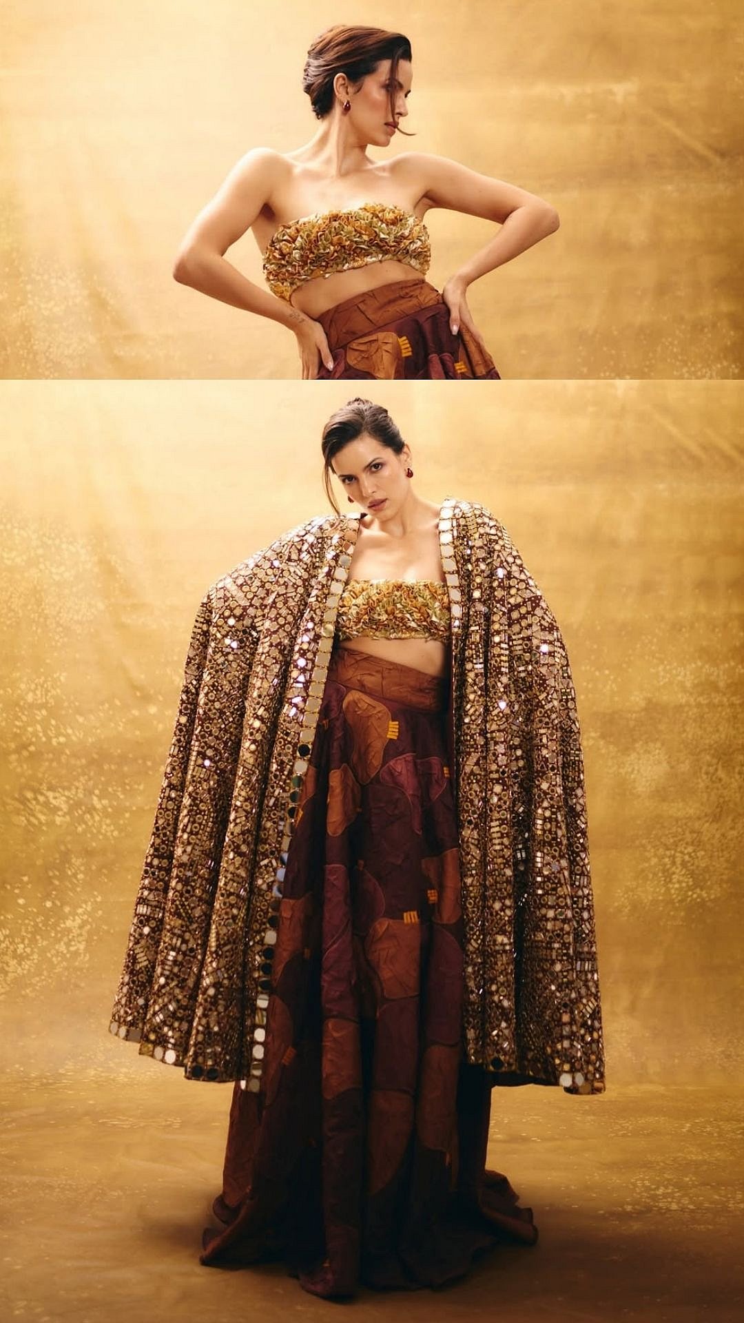 Natasa Stankovic Brings Celestial Drama In AJSK Rustic Brown Lehenga With Heavily Embellished Cape