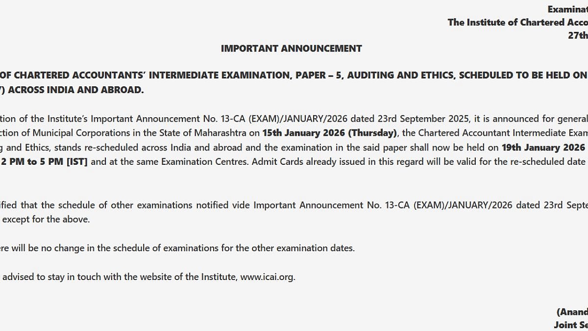 ICAI CA Intermediate January 2026: Group II Paper 5 Rescheduled To January 19; Details Here 