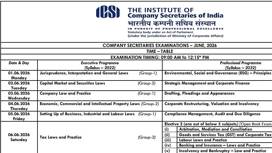 ICSI Releases CS Executive, CS Professional June 2026 Exam Schedule At icsi.edu; Check Timetable Here 