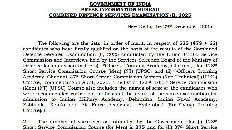 UPSC CDS (I) 2025 Results Declared At upsc.gov.in; 535 Candidates Shortlisted For SSB Interview 