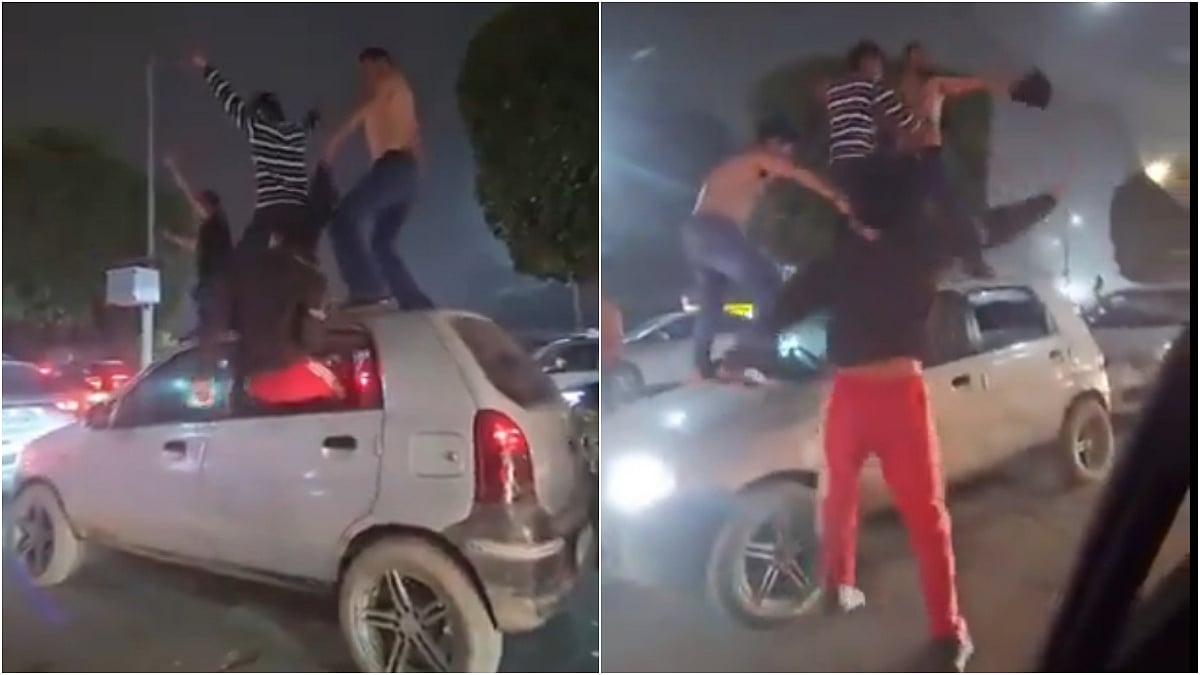 Noida New Year Chaos: 6 ‘Drunk’ Youths Dance on Alto Car Roof, Strip; Police Slap ₹67,000 E-Challan (Screengrab) | X