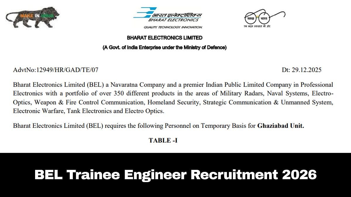 BEL Trainee Engineer Recruitment 2026: Application Process Underway; Check Details Here 
