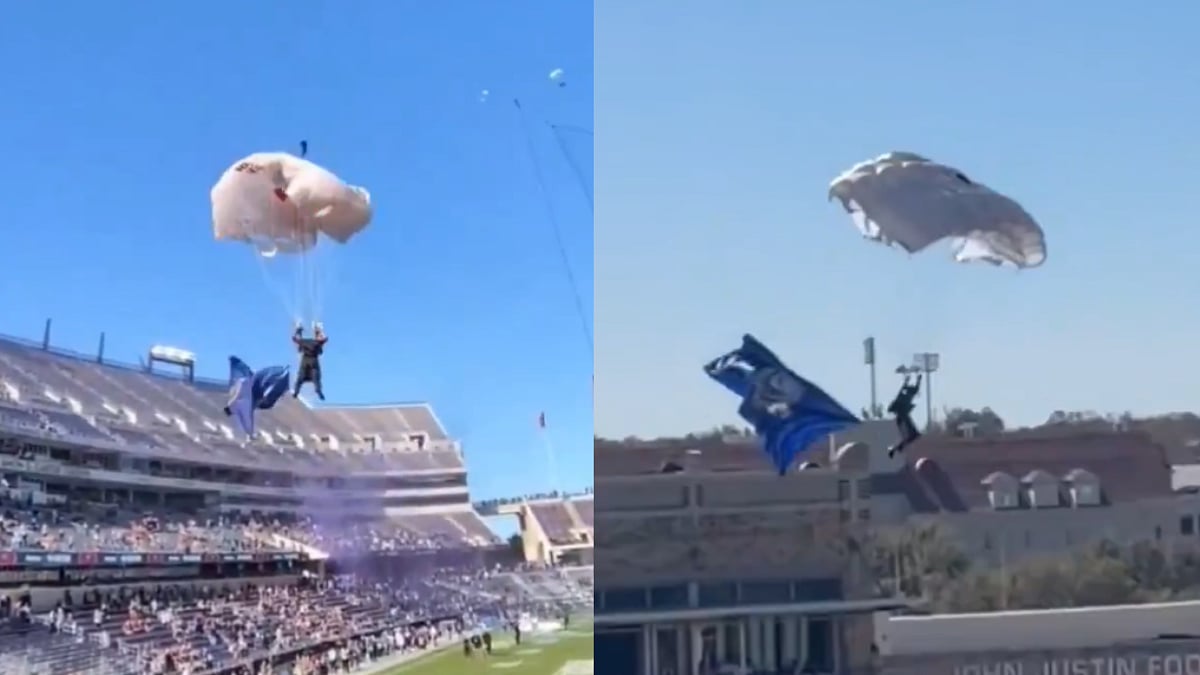 Parachutist Gets Caught In Goalpost Net Ahead Of Armed Forces Bowl Game, Walks Away Unharmed After...