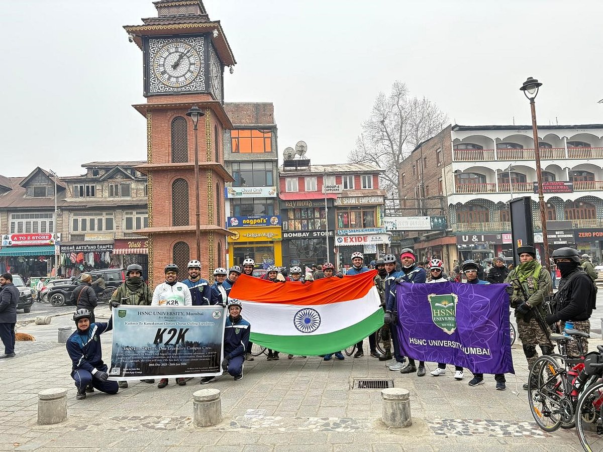 Guided by the vision of Col. Dr. Hemlata K. Bagla, Hon’ble Vice Chancellor, HSNC University, the Fit Bharat Club flags off its Kashmir to Kanyakumari Climate Change Cycling Expedition from Lal Chowk, Srinagar.