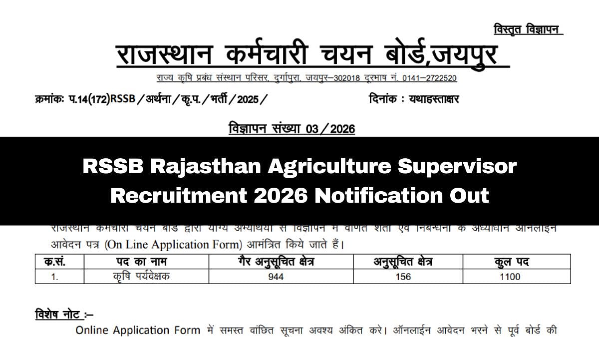 RSSB Rajasthan Agriculture Supervisor Recruitment 2026: Notification For 1,100 Vacancies Out; Check Application Fees & Other Details Here 