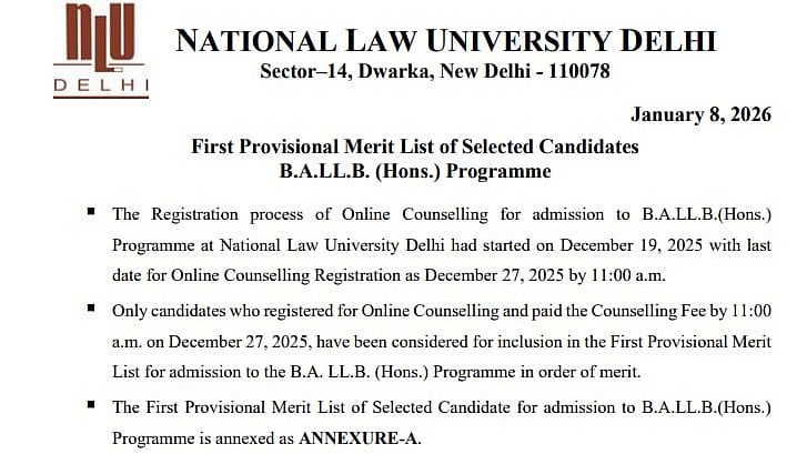 NLU Delhi Releases AILET 2026 First Merit List For BA LLB Admissions At nationallawuniversitydelhi.in; Check Details 