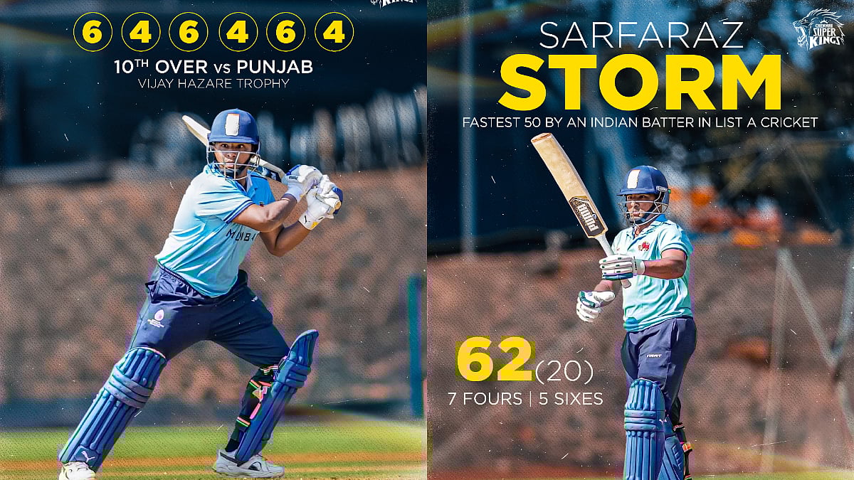 'Carnage Guaranteed': CSK Reacts As Sarfaraz Khan Smashes 30 Runs In Abhishek Sharma's Over To Record Fastest-Ever Fifty In Vijay Hazare Trophy 
