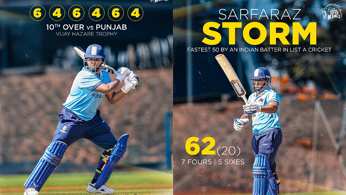 'Carnage Guaranteed': CSK Reacts As Sarfaraz Khan Smashes 30 Runs In Abhishek Sharma's Over To Record Fastest-Ever Fifty In Vijay Hazare Trophy