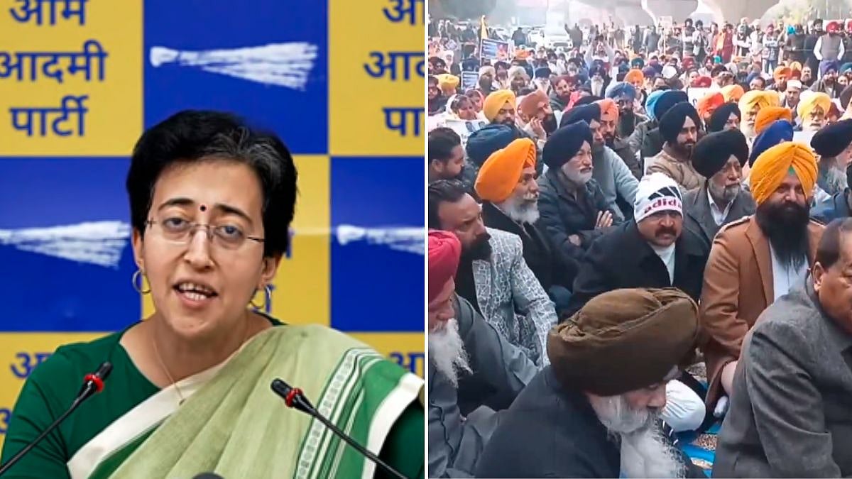 Shiromani Akali Dal leaders and workers protest against Delhi Assembly LoP Atishi over her alleged remarks against Sikh Gurus. | X @ANI & File Pic