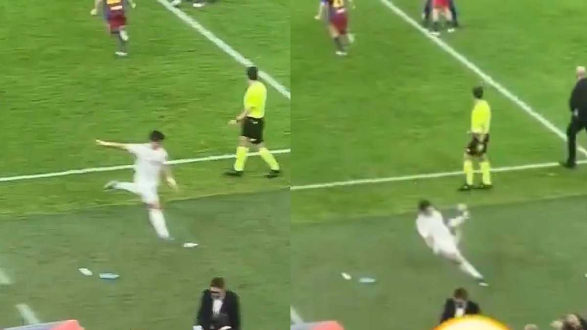 Real Madrid Player Slips While Kicking Bottle In Anger After Barcelona Clinch Dramatic Spanish Super...